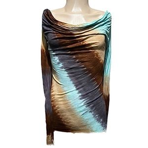 Women’s Language LA Long Sleeve Top with Cowl Neck in Tie Dye Ombré Blue Brown